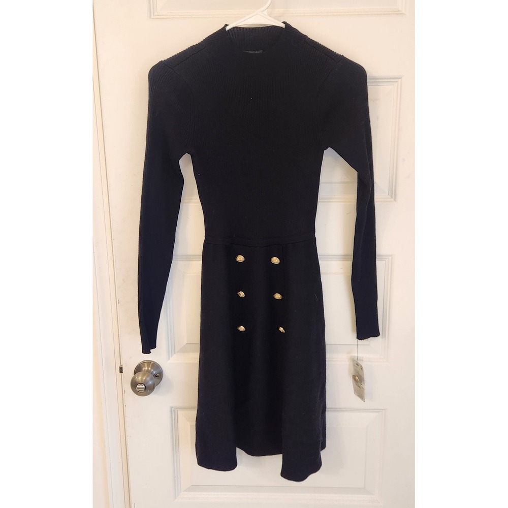 BCX Dress Womens XS Black Ribbed Knit Mock Neck Gold Button Fit & Flare Mini NEW